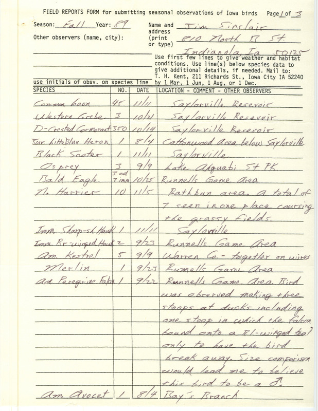 Field reports form submitted by Jim Sinclair for fall 1989 with some detailed descriptions. This item was used as supporting documentation for the Iowa Ornithologists' Union Quarterly field report of fall 1989.