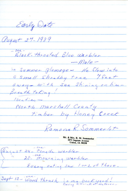 Field reports submitted by Ramona R. Sommerlot for fall 1989 with detailed descriptions. This item was used as supporting documentation for the Iowa Ornithologists' Union Quarterly field report of fall 1989.