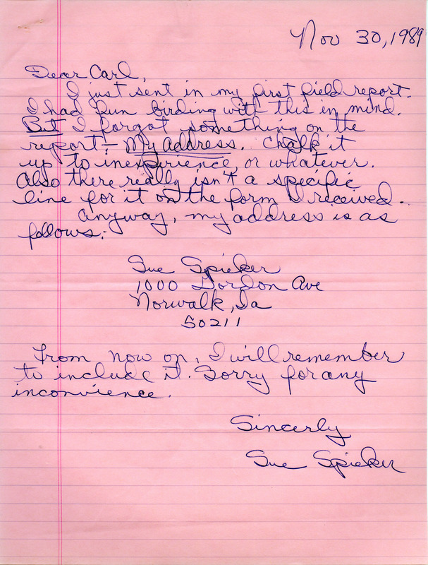 Field reports form by Sue Spieker with a contributor Linda Packard and a letter from Sue Spieker to Carl Bendorf about the sightings for fall 1989. This item was used as supporting documentation for the Iowa Ornithologists' Union Quarterly field report of fall 1989.