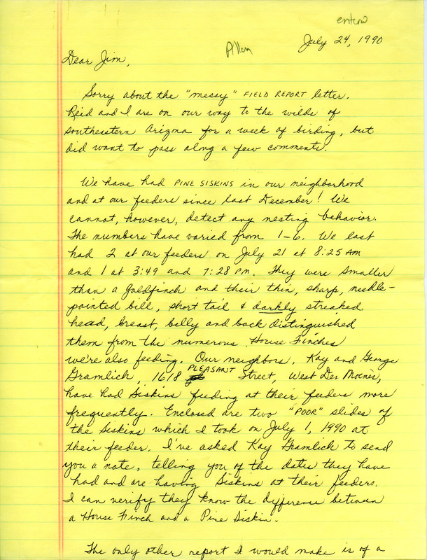 Letter from Pam and Reid Allen to Jim Dinsmore and the IOU in regards to their bird sightings around their neighborhood and home feeder in West Des Moines, IA. This item was used as supporting documentation for the Iowa Ornithologists' Union Quarterly field report of summer 1990.