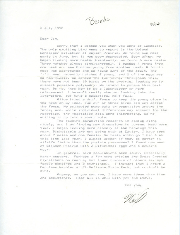 Bird sightings reported to IOU by Neil Bernstein in a letter to Jim Dinsmore on July 3, 1990. This item was used as supporting documentation for the Iowa Ornithologists' Union Quarterly field report of summer 1990.