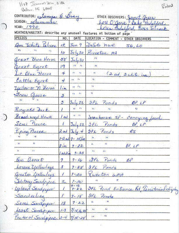 Field reports submitted by Tanya E. Bray with several additional observers with a detailed descriptions of certain sightings. This item was used as supporting documentation for the Iowa Ornithologists' Union Quarterly field report of summer 1990.