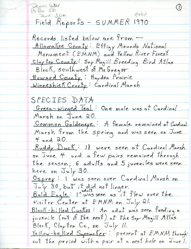 Field reports for fall 1989 submitted by Dennis Carter for specific locations in Allamakee, Clayton, Howard, and Winneshiek counties. This item was used as supporting documentation for the Iowa Ornithologists' Union Quarterly field report of fall 1989.