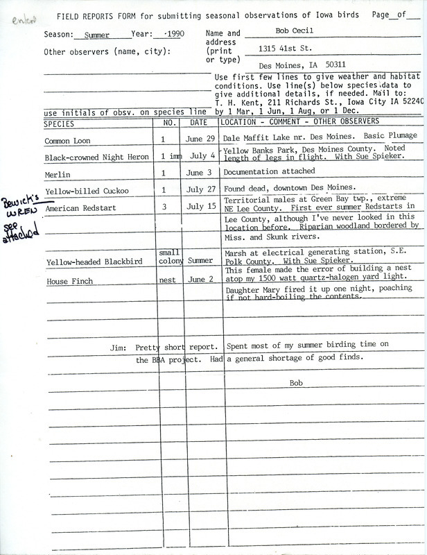 Field reports form submitted by Bob Cecil for the summer of 1990 with detailed descriptions of the sightings. This item was used as supporting documentation for the Iowa Ornithologists' Union Quarterly field report of summer 1990.