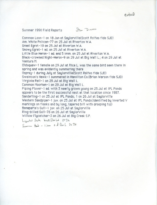 Field reports submitted by Steve Dinsmore with two contributors for summer 1990. This item was used as supporting documentation for the Iowa Ornithologists' Union Quarterly field report of summer 1990.