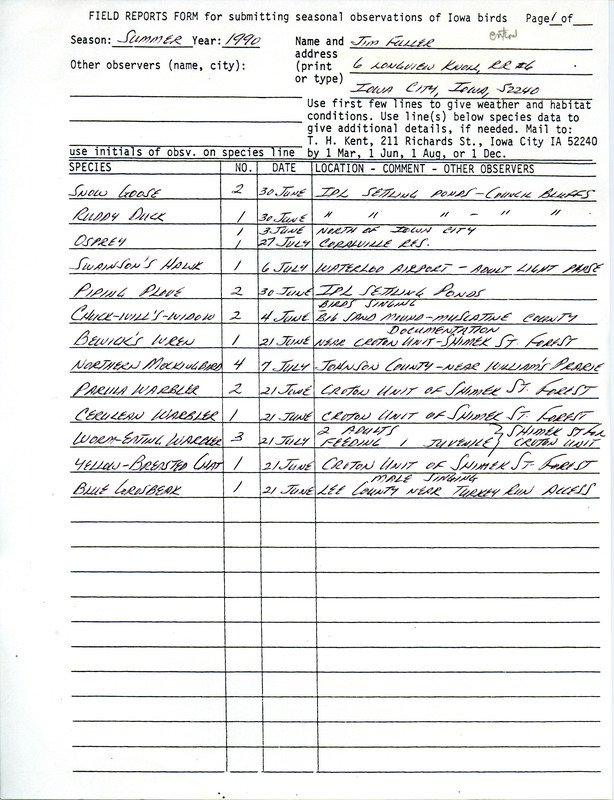 Field reports submitted by Jim Fuller for the summer of 1990. This item was used as supporting documentation for the Iowa Ornithologists' Union Quarterly field report of summer 1990.