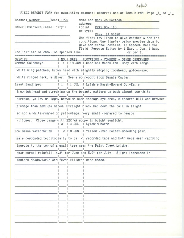 Field reports submitted by Mary Jo Hartogh for the summer of 1990 with detailed descriptions of some sightings. This item was used as supporting documentation for the Iowa Ornithologists' Union Quarterly field report of summer 1990.