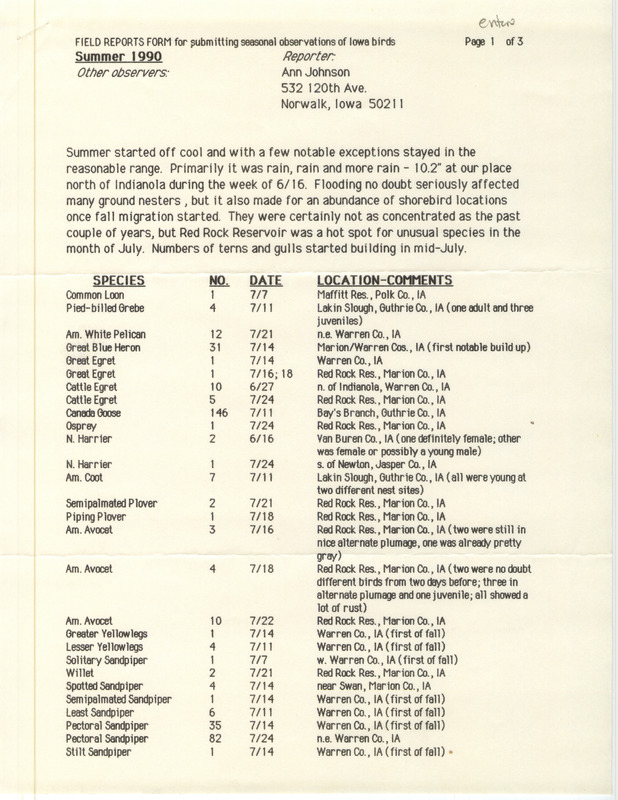 Field reports for the summer of 1990 submitted by Ann Johnson. This item was used as supporting documentation for the Iowa Ornithologists' Union Quarterly field report of summer 1990.