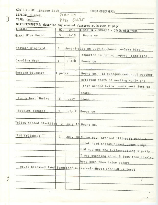 Field reports form submitted by Sharon Laub for the summer of 1990 with additional notes. This item was used as supporting documentation for the Iowa Ornithologists' Union Quarterly field report of summer 1990.