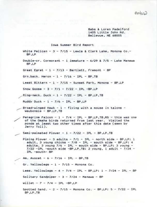 Field reports submitted by Babs and Loren Padelford for the summer 1990 with descriptions of some birds and handwritten notes. This item was used as supporting documentation for the Iowa Ornithologists' Union Quarterly field report of summer 1990.