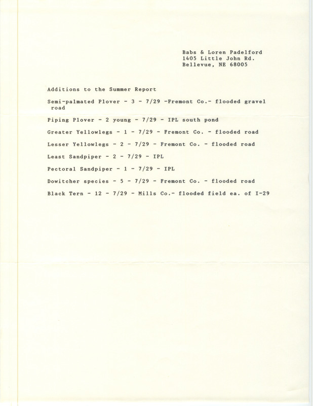 Field reports additional sighting list submitted by Babs and Loren Padelford for summer 1990. This item was used as supporting documentation for the Iowa Ornithologists' Union Quarterly field report of summer 1990.