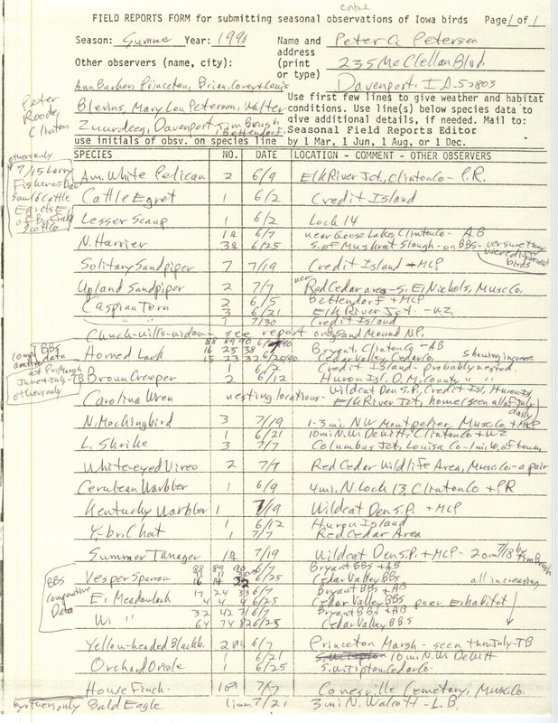 Field reports form submitted by Peter C. Petersen for summer 1990 with several contributors. This item was used as supporting documentation for the Iowa Ornithologists' Union Quarterly field report of summer 1990.