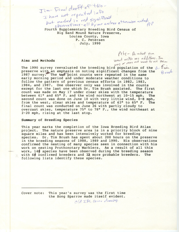 Fourth Supplementary Breeding Bird Census of Big Sand Mound Nature Preserve, Louisa County, Iowa by Peter C. Petersen for July, 1990 with handwritten annotations. This item was used as supporting documentation for the Iowa Ornithologists' Union Quarterly field report of summer 1990.