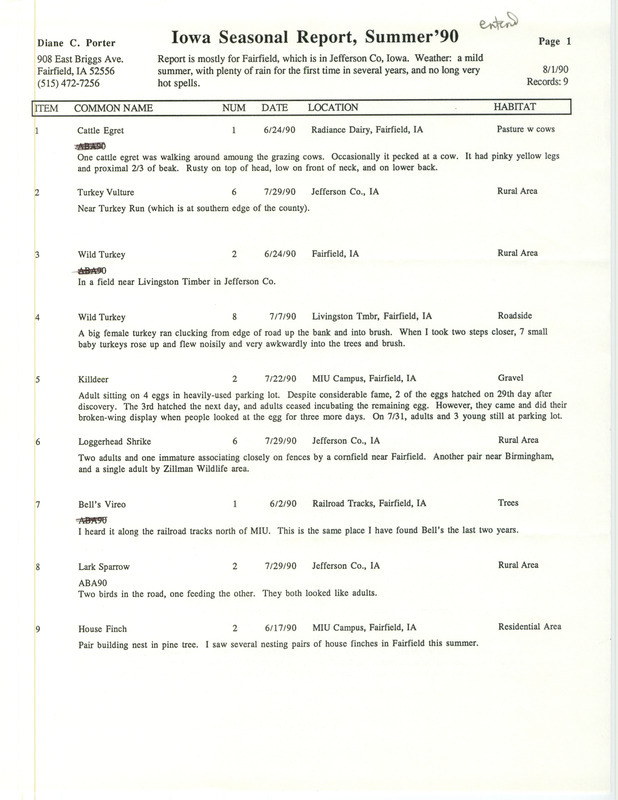 Field reports submitted by Diane C. Porter for summer 1990 with some detail for the sightings. This item was used as supporting documentation for the Iowa Ornithologists' Union Quarterly field report of summer 1990.