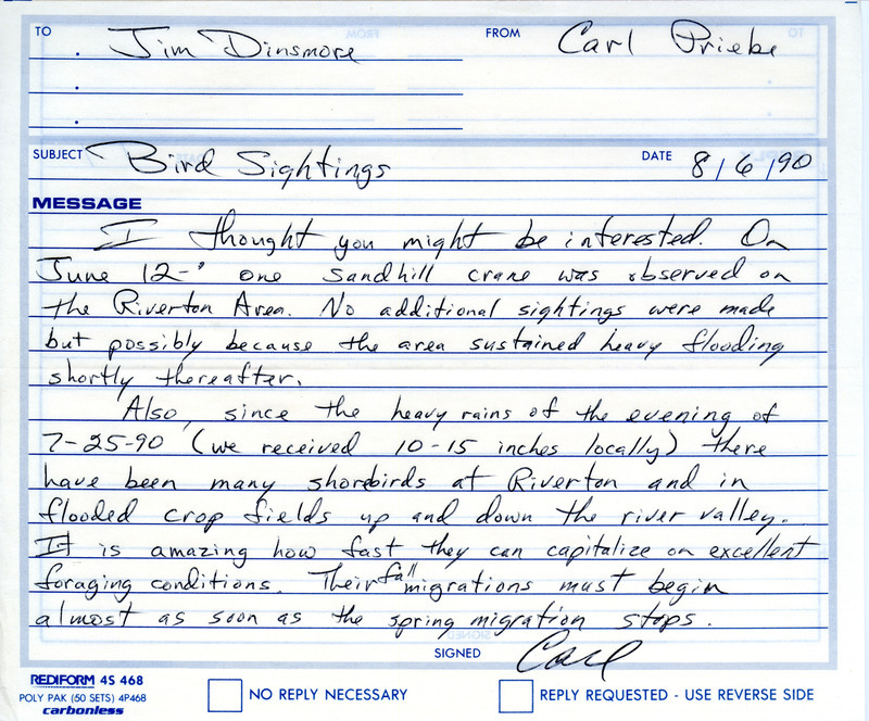 Field reports for summer 1990 submitted in a letter from Carl Priebe to Jim Dinsmore on August 6, 1990. This item was used as supporting documentation for the Iowa Ornithologists' Union Quarterly field report of summer 1990.