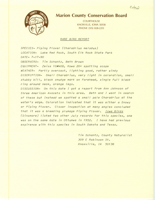 Detailed field reports for sighting for a Piping Plover submitted by Tim Schantz on July 17, 1990. This item was used as supporting documentation for the Iowa Ornithologists' Union Quarterly field report of summer 1990.