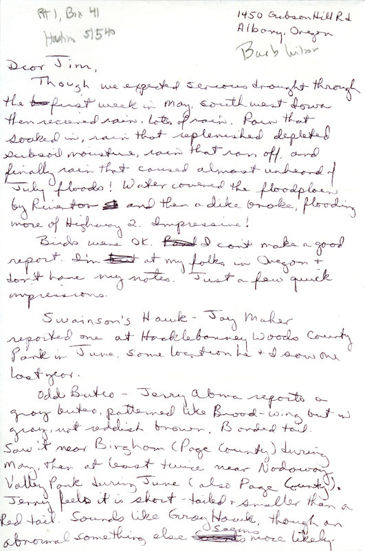 Detailed field reports with a detailed sighting description for a Black-throated Blue Warbler for summer 1990 in a letter to Jim Dinsmore. This item was used as supporting documentation for the Iowa Ornithologists' Union Quarterly field report of summer 1990.