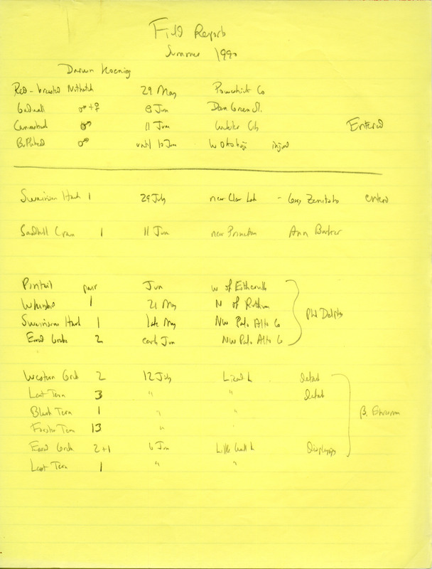 Field reports submitted by Darwin Koenig for the summer of 1990. This item was used as supporting documentation for the Iowa Ornithologists' Union Quarterly field report of summer 1990.