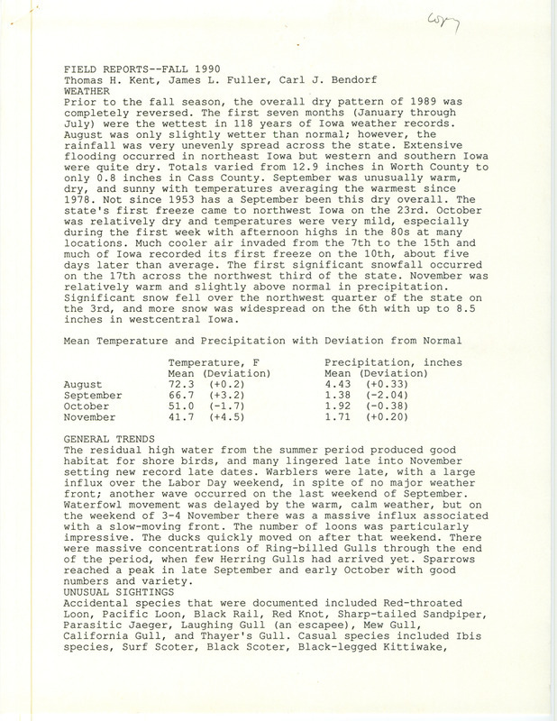 Quarterly field report for the fall of 1990.