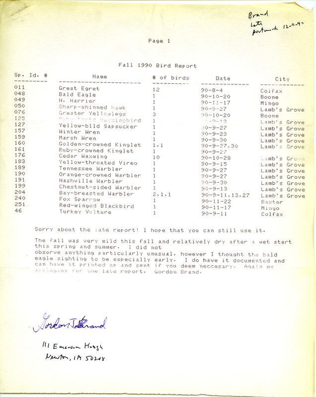 Field reports with a detailed description of a Bald Eagle sighting submitted by Gordon Brand for fall 1990. This item was used as supporting documentation for the Iowa Ornithologists' Union Quarterly field report of fall 1990.