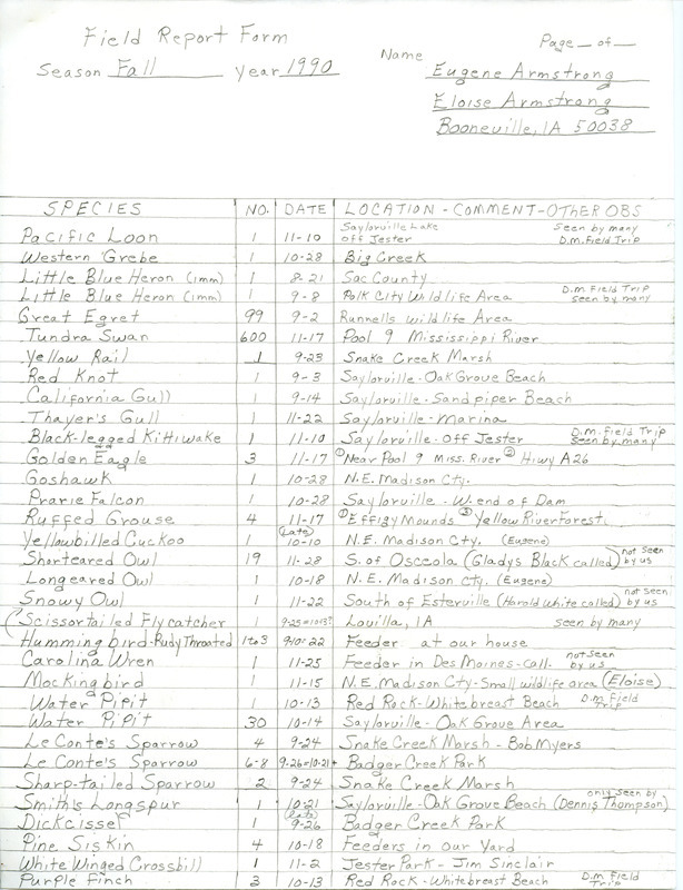 Field reports form (handmade) submitted by Eugene and Eloise Armstrong for fall 1990. This item was used as supporting documentation for the Iowa Ornithologists' Union Quarterly field report of fall 1990.