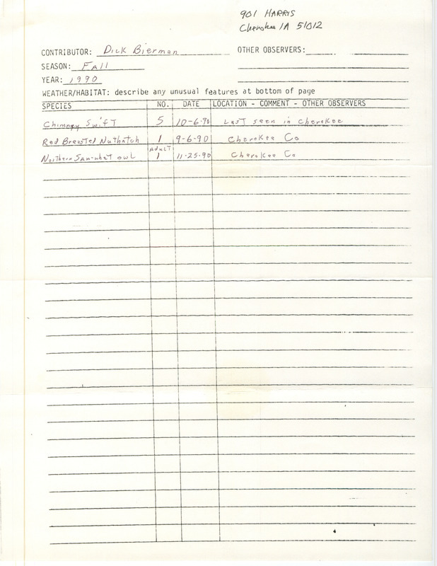 Field reports form submitted by Dick Bierman for fall 1990. This item was used as supporting documentation for the Iowa Ornithologists' Union Quarterly field report of fall 1990.