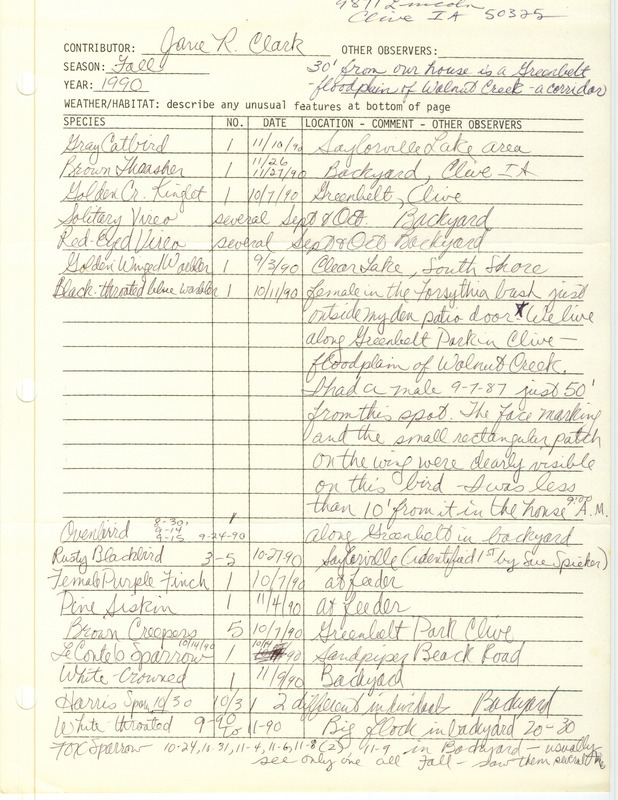 Field reports form submitted by Jane Clark for fall 1990. This item was used as supporting documentation for the Iowa Ornithologists' Union Quarterly field report of fall 1990.