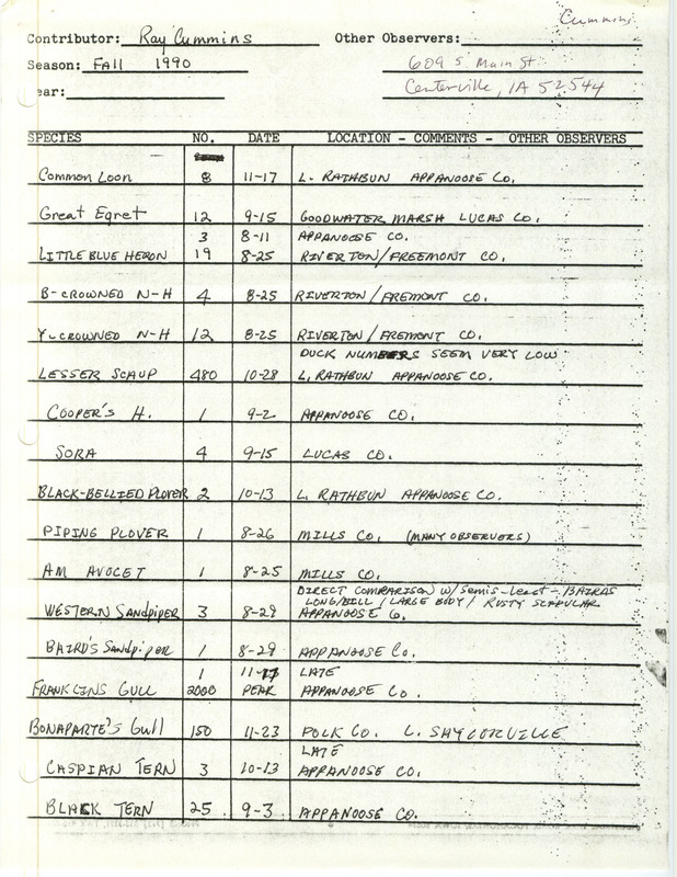 Field reports submitted by Ray Cummins for fall 1990. This item was used as supporting documentation for the Iowa Ornithologists' Union Quarterly field report of fall 1990.