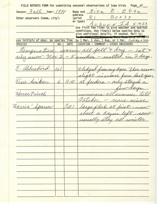 Field reports submitted by Rita E. Efta for fall 1990. This item was used as supporting documentation for the Iowa Ornithologists' Union Quarterly field report of fall 1990.