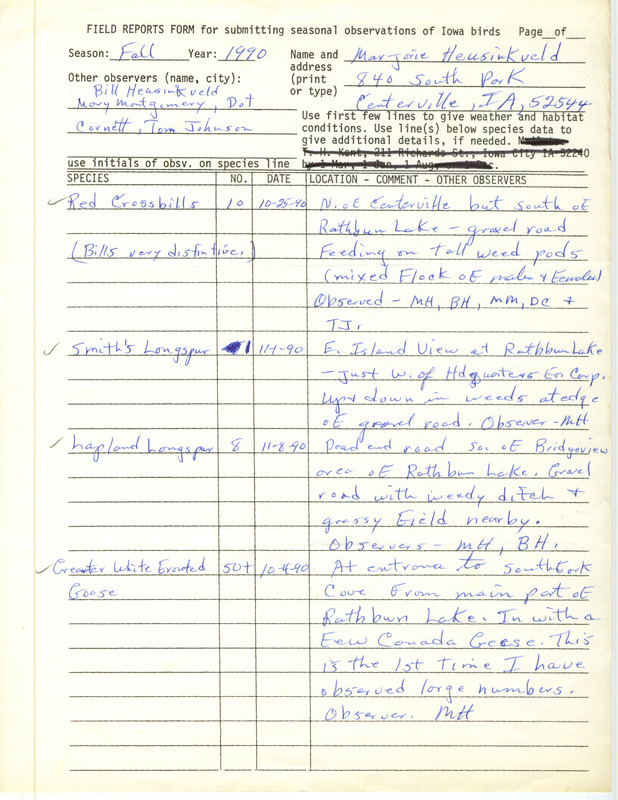 Field reports submitted by Marjorie Heusinkveld with several observers and detailed sight notes for fall 1990. This item was used as supporting documentation for the Iowa Ornithologists' Union Quarterly field report of fall 1990.