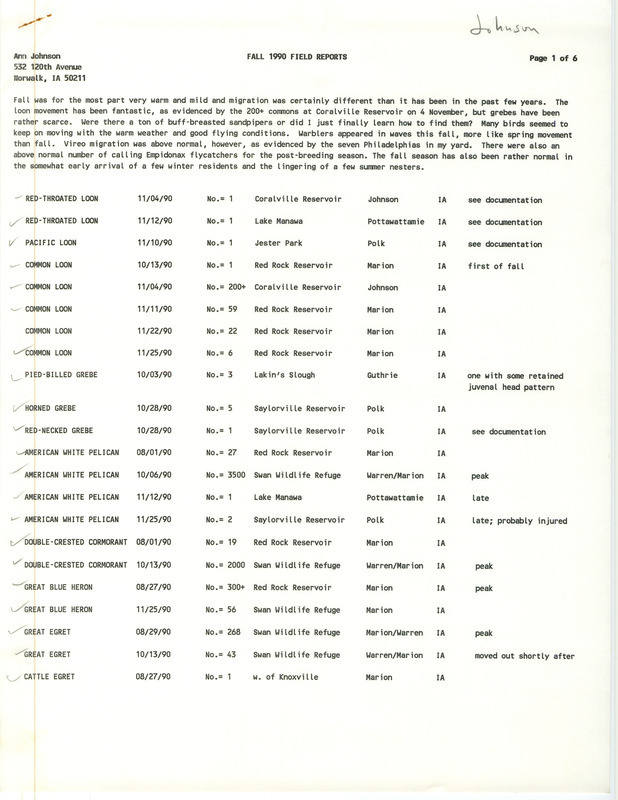 Field reports with notes on bird watching for the season and sighting submitted by Ann Johnson for fall 1990. This item was used as supporting documentation for the Iowa Ornithologists' Union Quarterly field report of fall 1990.