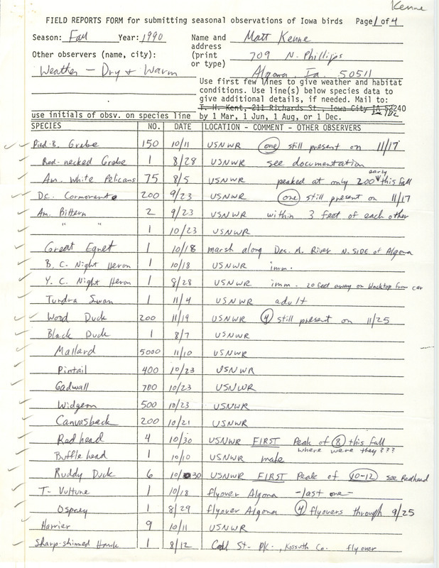 Field reports submitted by Matt Kenne for fall 1990 with detailed discussion of Red-tailed and Harlan's Red-tailed Hawks as well as Prairie Falcons and Yellow-rumped Warblers. This item was used as supporting documentation for the Iowa Ornithologists' Union Quarterly field report of fall 1990.