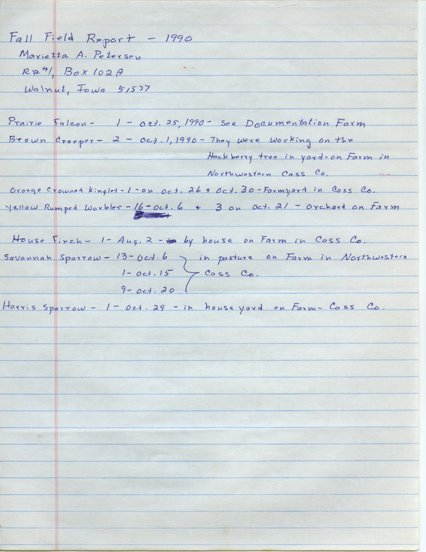 Field reports for Marietta A. Petersen with some notes on sightings for fall 1990. This item was used as supporting documentation for the Iowa Ornithologists' Union Quarterly field report of fall 1990.