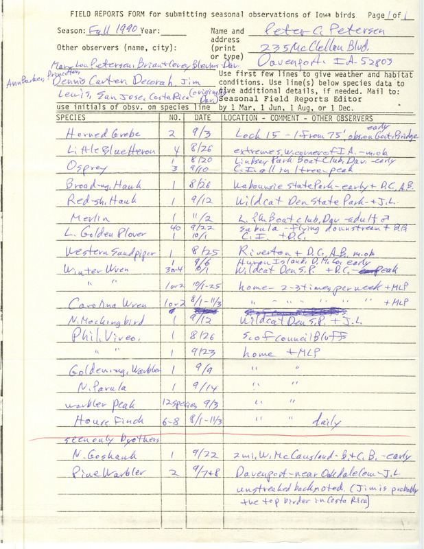 Field reports submitted by Peter C. Petersen with several contributors for fall 1990. This item was used as supporting documentation for the Iowa Ornithologists' Union Quarterly field report of fall 1990.