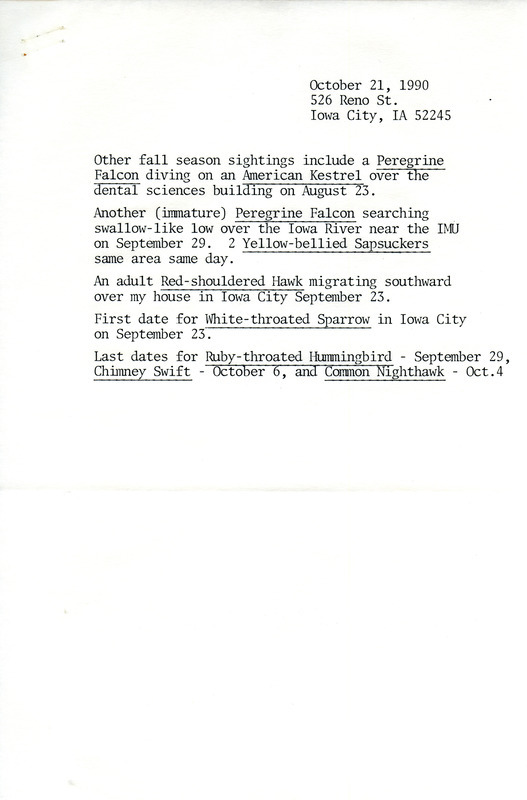 Field reports divided by location with an accompanying summary and envelope submitted by Randall Pinkston on October 21, 1990. This item was used as supporting documentation for the Iowa Ornithologists' Union Quarterly field report of fall 1990.