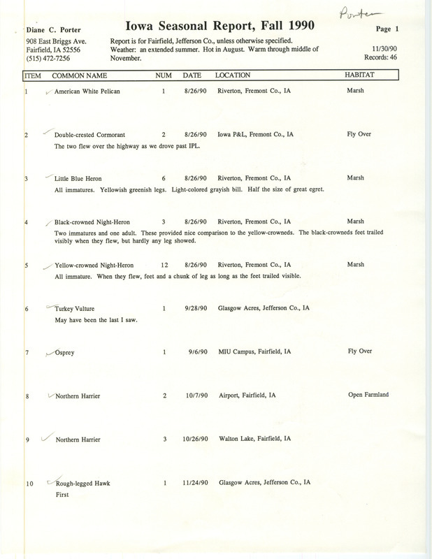 Field reports submitted by Diane C. Porter with detailed descriptions for a few sightings for fall 1990. This item was used as supporting documentation for the Iowa Ornithologists' Union Quarterly field report of fall 1990.