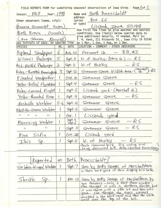 Field reports form with detailed notes explaining the form and sightings submitted by Beth Proescholdt for fall 1990. This item was used as supporting documentation for the Iowa Ornithologists' Union Quarterly field report of fall 1990.