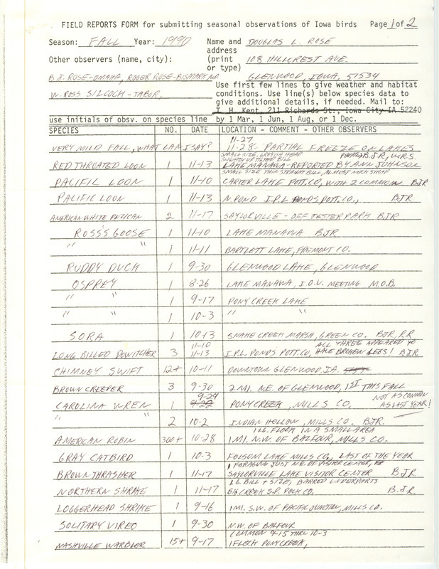 Field reports with some detail about sightings and not on birding for the season in general submitted by Doug Rose with several contributors for fall 1990. This item was used as supporting documentation for the Iowa Ornithologists' Union Quarterly field report of fall 1990.