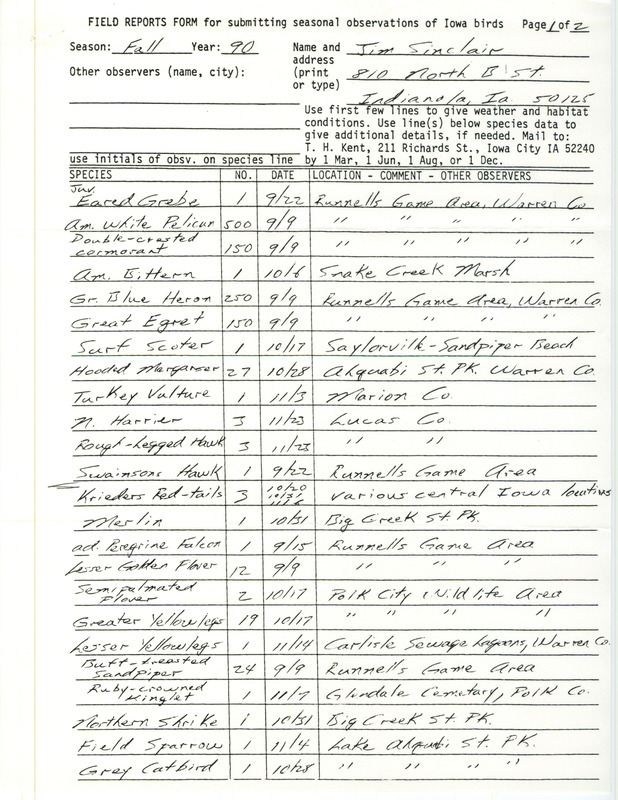 Field reports submitted by Jim Sinclair for fall 1990. This item was used as supporting documentation for the Iowa Ornithologists' Union Quarterly field report of fall 1990.