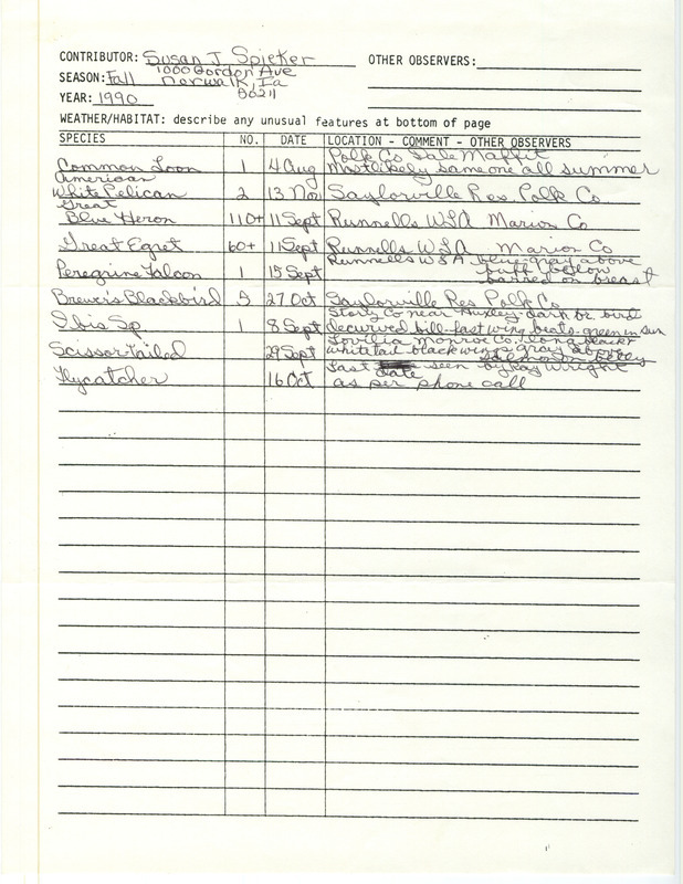 Field reports form submitted by Susan Spieker for fall 1990. This item was used as supporting documentation for the Iowa Ornithologists' Union Quarterly field report of fall 1990.