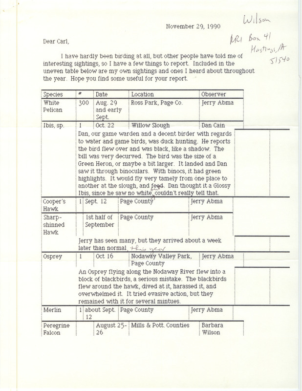 Field reports with detailed bird sighting information and handwritten annotations compiled and submitted by Barb Wilson in a letter to Carl Bendorf on November 29, 1990. This item was used as supporting documentation for the Iowa Ornithologists' Union Quarterly field report of fall 1990.