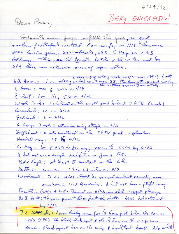 Field reports in the form of a letter from Bery Engebretsen to Ross Silcock sent on February 24, 1992. This item was used as supporting documentation for the Iowa Ornithologists' Union Quarterly field report of winter 1991-1992.