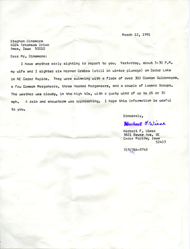 Field reports with some detail about sighting submitted in the form of a letter from Herbert F. Weiss to Stephen Dinsmore on March 12, 1991. This item was used as supporting documentation for the Iowa Ornithologists' Union Quarterly field report of spring 1991.