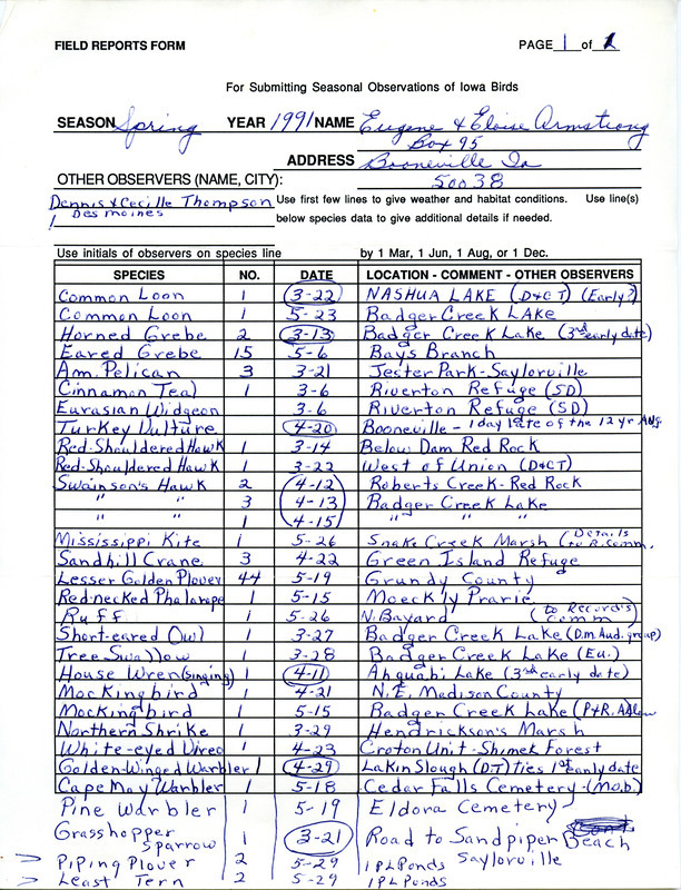 Field reports submitted for Eugene and Eloise Armstrong with other contributors for spring 1991. This item was used as supporting documentation for the Iowa Ornithologists' Union Quarterly field report of spring 1991.