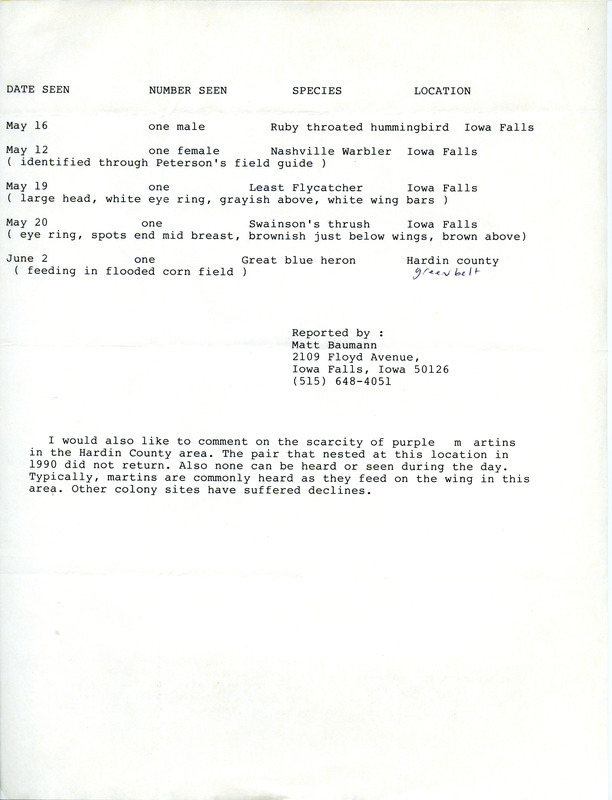 Field reports with description of the birding season submitted by Matt Baumann for spring 1991. This item was used as supporting documentation for the Iowa Ornithologists' Union Quarterly field report of spring 1991.