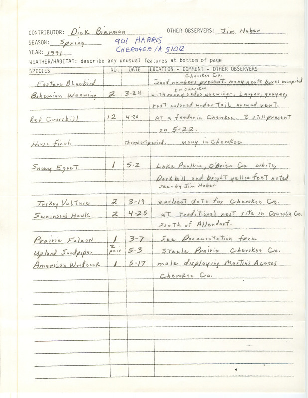 Field reports submitted by Dick Bierman for spring 1991. This item was used as supporting documentation for the Iowa Ornithologists' Union Quarterly field report for spring 1991.