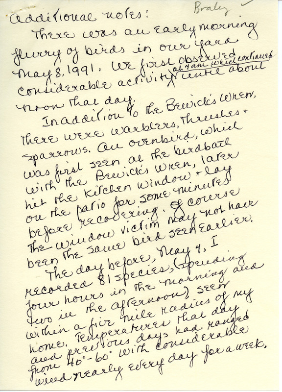 Additional notes with detailed field reports from Jean B. Braley for spring 1991. This item was used as supporting documentation for the Iowa Ornithologists' Union Quarterly field report of spring 1991.