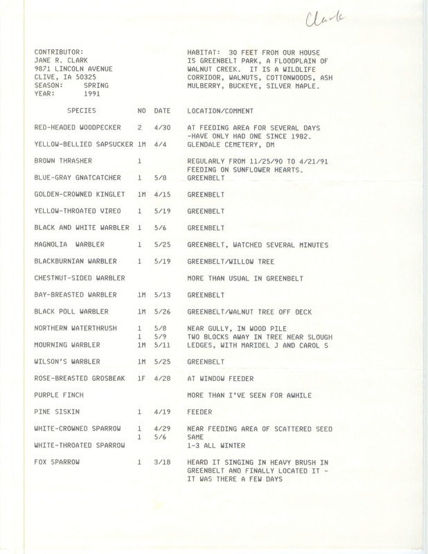 Field reports with information about habitat and location submitted by Jane R. Clark for spring 1991. This item was used as supporting documentation for the Iowa Ornithologists' Union Quarterly field report of spring 1991.