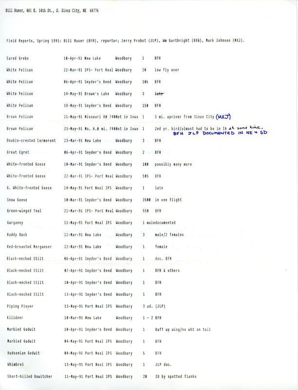 Field reports with handwritten notes submitted by Bill Huser with contributions by Jerry Probst, William Garthright, and Mark Johnson for spring 1991. This item was used as supporting documentation for the Iowa Ornithologists' Union Quarterly field report of spring 1991.