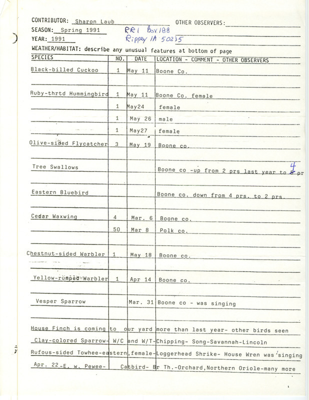 Field reports form submitted by Sharon Laub for spring 1991. This item was used as supporting documentation for the Iowa Ornithologists' Union Quarterly field report of spring 1991.